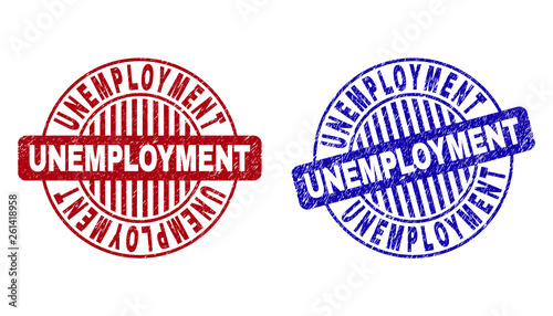 Grunge UNEMPLOYMENT round stamp seals isolated on a white background. Round seals with grunge texture in red and blue colors. Vector rubber imprint of UNEMPLOYMENT tag inside circle form with stripes.