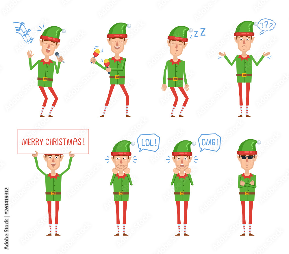 Set of Christmas elf characters posing in different situations. Cheerful elf karaoke singing, dancing, sleeping, thinking, laughing, surprised, holding banner. Flat style vector illustration Set of Christmas elf characters posing in different situations. Cheerful elf karaoke singing, dancing, sleeping, thinking, laughing, surprised, holding banner. Flat style vector illustration