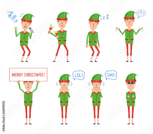 Set of Christmas elf characters posing in different situations. Cheerful elf karaoke singing, dancing, sleeping, thinking, laughing, surprised, holding banner. Flat style vector illustration