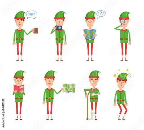 Set of Christmas elf characters posing in different situations. Cheerful elf holding mug of beer, photo camera, map, magnifier, reading a book, injured, dizzy, thinking. Flat vector illustration