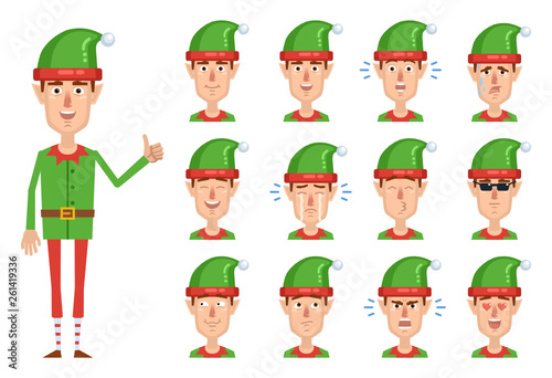Set of Christmas elf emoticons. Elf avatars showing different emotions. Happy, sad, upset, angry, laugh, cry, think, surprised, in love and other facial expressions. Flat style vector illustration