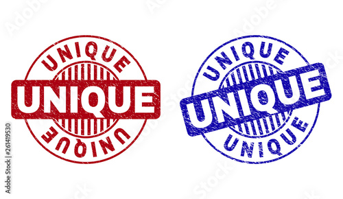 Grunge UNIQUE round stamp seals isolated on a white background. Round seals with grunge texture in red and blue colors. Vector rubber imitation of UNIQUE caption inside circle form with stripes.