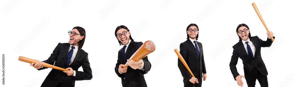 Young elegant man in black suit holding bat isolated on white Young elegant man in black suit holding bat isolated on white