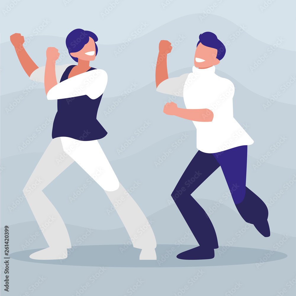 young dancers couple disco style characters