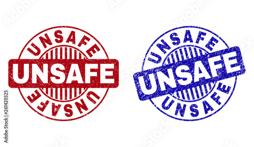 Grunge UNSAFE round stamp seals isolated on a white background. Round seals with grunge texture in red and blue colors. Vector rubber imprint of UNSAFE tag inside circle form with stripes.