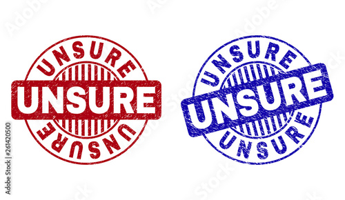 Grunge UNSURE round stamp seals isolated on a white background. Round seals with grunge texture in red and blue colors. Vector rubber imprint of UNSURE tag inside circle form with stripes.