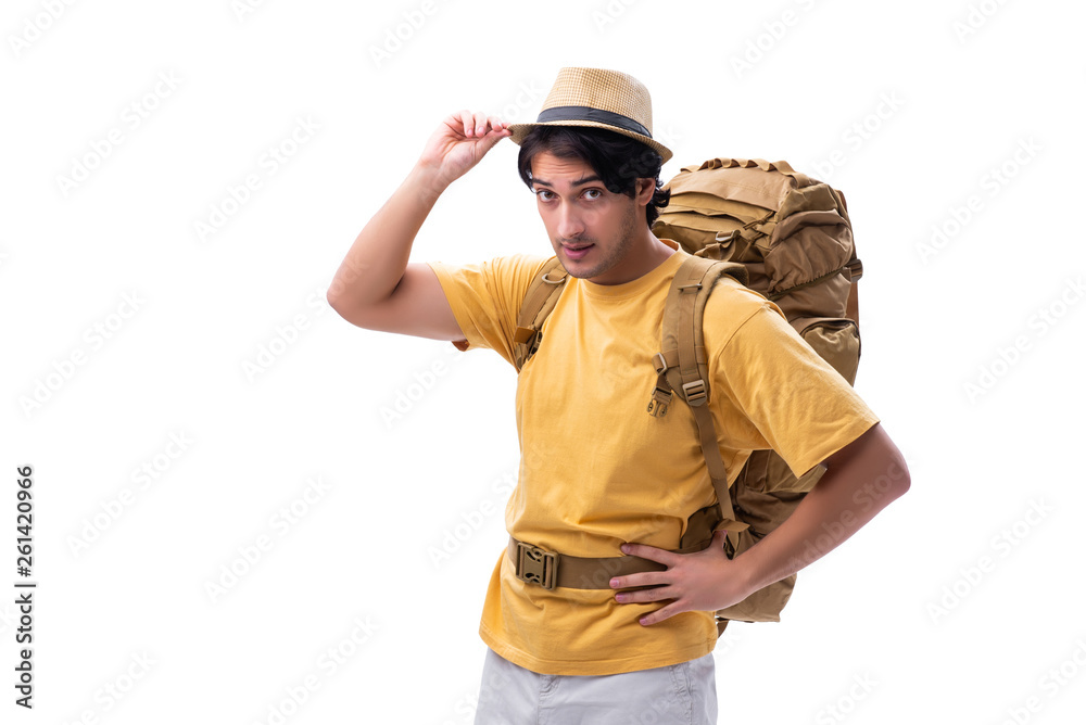 Young handsome tourist isolated on white 