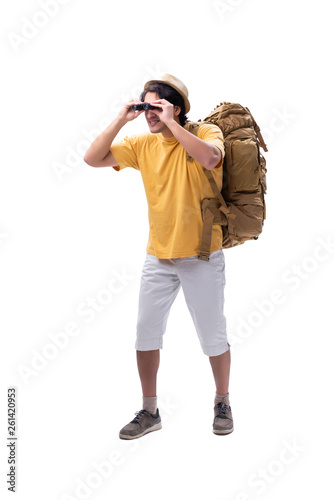 Young handsome tourist isolated on white 