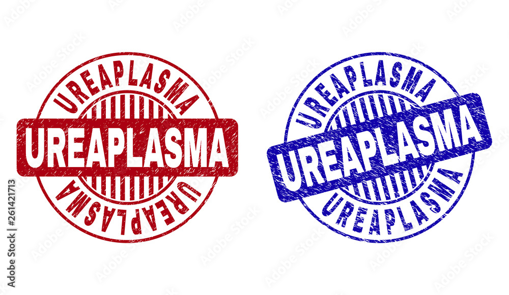 Grunge UREAPLASMA round stamp seals isolated on a white background. Round seals with grunge texture in red and blue colors. Vector rubber imitation of UREAPLASMA text inside circle form with stripes.