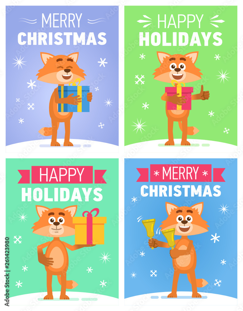 Set of different Christmas posters. Christmas greeting card, placard. Cheerful cartoon fox holding gift box, present, jingle bells. Flat style vector illustration Set of different Christmas posters. Christmas greeting card, placard. Cheerful cartoon fox holding gift box, present, jingle bells. Flat style vector illustration