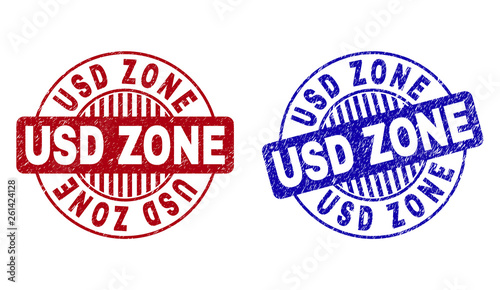 Grunge USD ZONE round stamp seals isolated on a white background. Round seals with distress texture in red and blue colors. Vector rubber imprint of USD ZONE caption inside circle form with stripes.