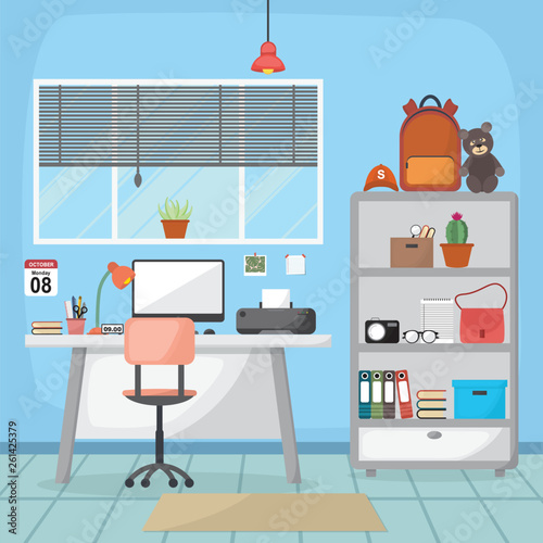 Student Children Study Desk Table Interior Room Furniture Flat Design