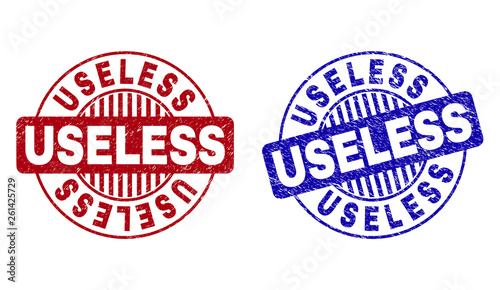 Grunge USELESS round stamp seals isolated on a white background. Round seals with grunge texture in red and blue colors. Vector rubber overlay of USELESS text inside circle form with stripes.