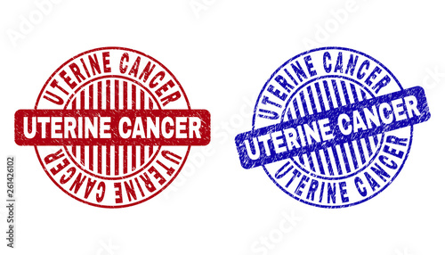 Grunge UTERINE CANCER round stamp seals isolated on a white background. Round seals with grunge texture in red and blue colors.