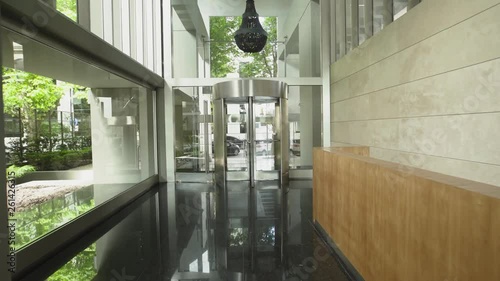 Point of view shot of empty corridor of modern hotel
