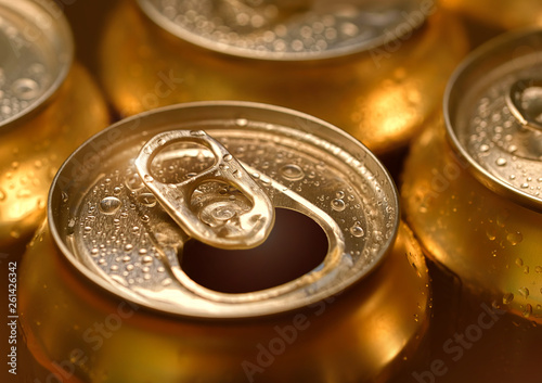 opened beer can. Canned beverage macro. Canned drink with condensation. beautiful texture surface for design. soft selective focus. close up