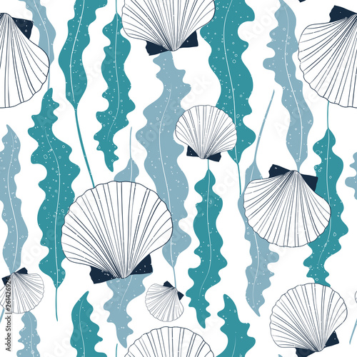 Sea vector seamless pattern with seashells and seaweeds on white background.