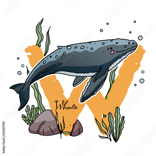 Alphabet letterW  with cute whale
