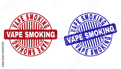 Grunge VAPE SMOKING round stamp seals isolated on a white background. Round seals with grunge texture in red and blue colors.