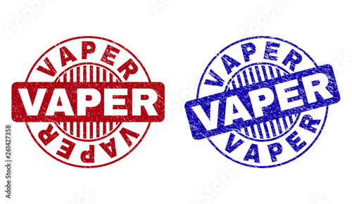 Grunge VAPER round stamp seals isolated on a white background. Round seals with grunge texture in red and blue colors. Vector rubber imprint of VAPER label inside circle form with stripes.