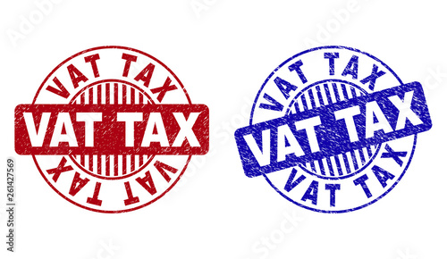 Grunge VAT TAX round stamp seals isolated on a white background. Round seals with grunge texture in red and blue colors. Vector rubber imprint of VAT TAX text inside circle form with stripes.