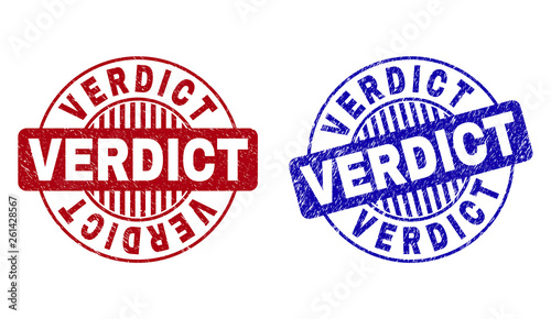 Free Download Grunge VERDICT round stamp seals isolated on a white background. Round seals with grunge texture in red and blue colors. Vector rubber imprint of VERDICT tag inside circle form with stripes. - GFXLoad