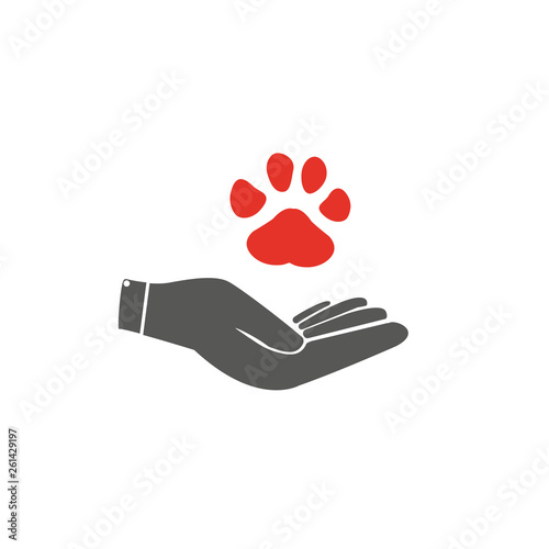 Shelter pets sign icon. Hand holds paw symbol. Animal protection. - Vector