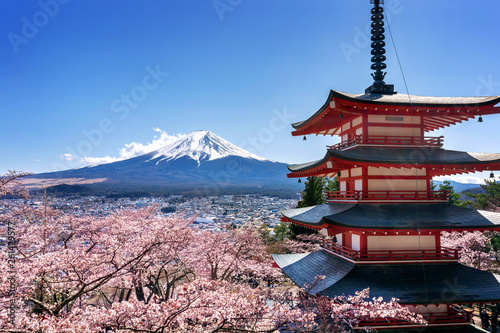 Cherry blossoms in spring, Chureito pagoda and Fuji mountain in Japan.