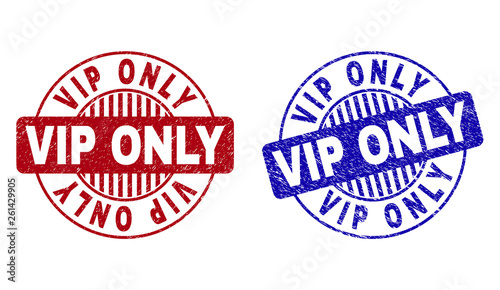 Grunge VIP ONLY round stamp seals isolated on a white background. Round seals with grunge texture in red and blue colors. Vector rubber overlay of VIP ONLY tag inside circle form with stripes.