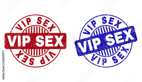 Grunge VIP SEX round stamp seals isolated on a white background. Round seals with grunge texture in red and blue colors. Vector rubber watermark of VIP SEX caption inside circle form with stripes.