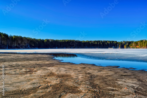 Fototapeta Naklejka Na Ścianę i Meble -  Early spring ice melts on a forest lake.