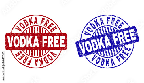Grunge VODKA FREE round stamp seals isolated on a white background. Round seals with grunge texture in red and blue colors. Vector rubber imprint of VODKA FREE title inside circle form with stripes.
