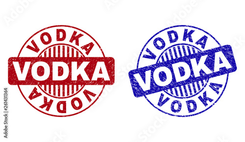 Grunge VODKA round stamp seals isolated on a white background. Round seals with grunge texture in red and blue colors. Vector rubber watermark of VODKA text inside circle form with stripes.