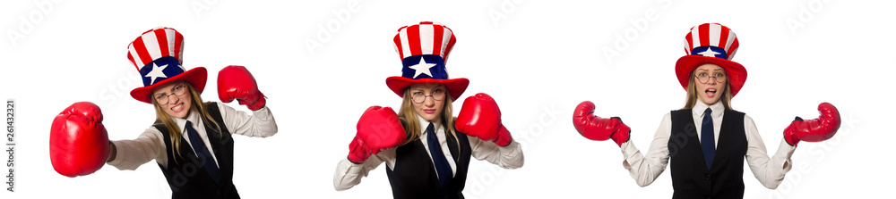 Woman with boxing gloves isolated on white Woman with boxing gloves isolated on white
