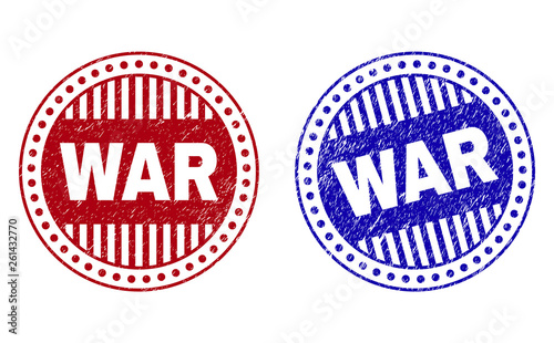 Grunge WAR round stamp seals isolated on a white background. Round seals with grunge texture in red and blue colors. Vector rubber imitation of WAR label inside circle form with stripes.