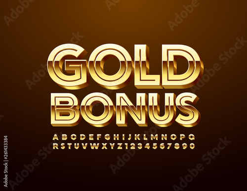 Vector luxury banner Gold Bonus with modern Font. 3D exclusive Alphabet. Chic Uppercase Letters and Numbers 