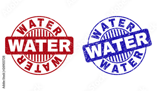 Grunge WATER round stamp seals isolated on a white background. Round seals with grunge texture in red and blue colors. Vector rubber overlay of WATER tag inside circle form with stripes.