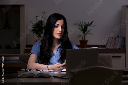 Young female student preparing for exams at night time  © Elnur