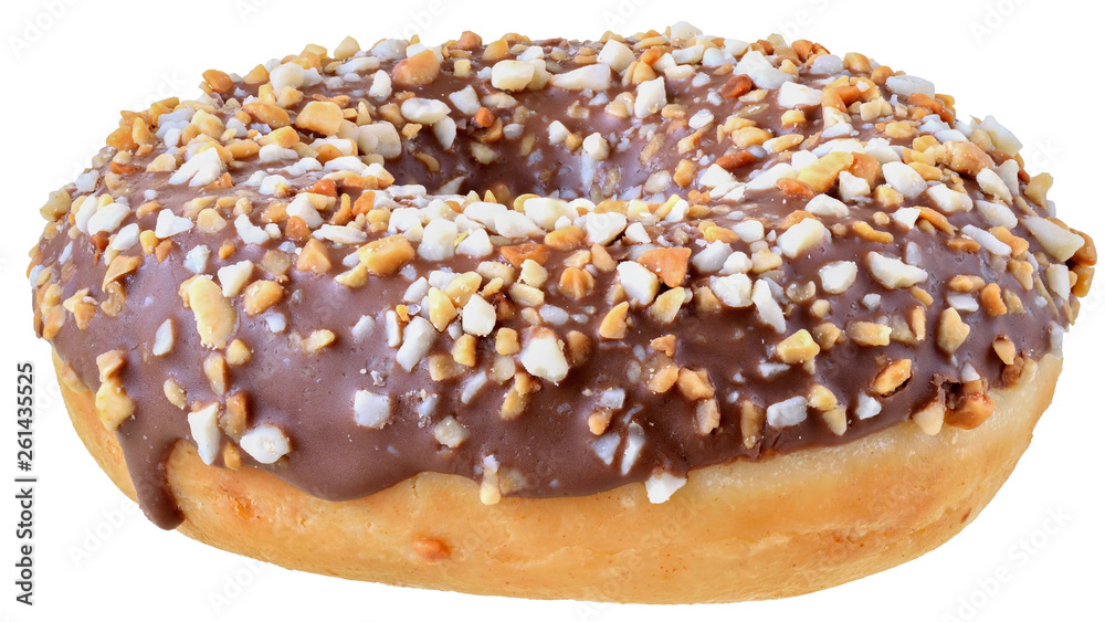 Chocolate glazed donut with nut flakes isolated