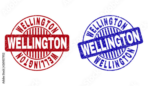 Grunge WELLINGTON round stamp seals isolated on a white background. Round seals with grunge texture in red and blue colors. Vector rubber overlay of WELLINGTON label inside circle form with stripes.