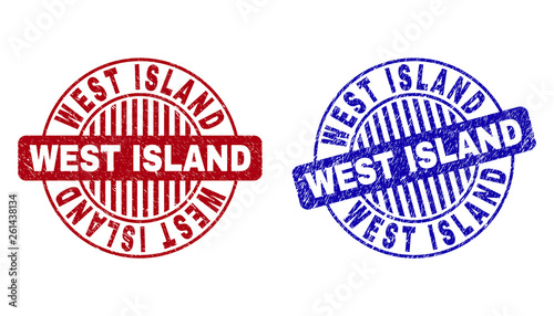 Grunge WEST ISLAND round stamp seals isolated on a white background. Round seals with grunge texture in red and blue colors. Vector rubber imprint of WEST ISLAND label inside circle form with stripes.
