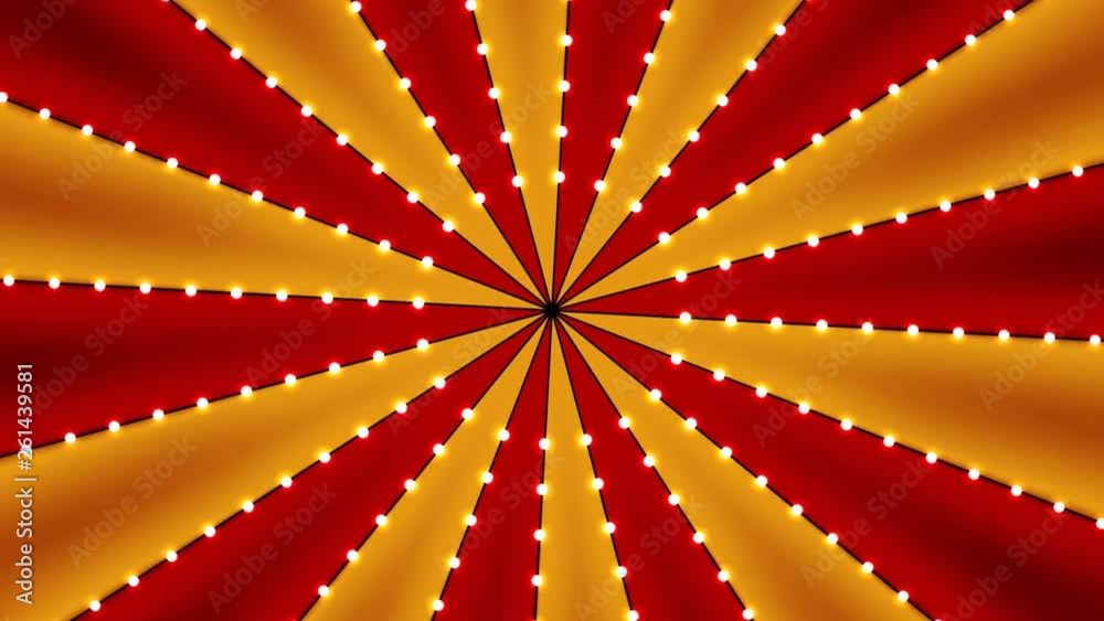 Circus animated rotation looped background of red and gold lines stripe with star constellations light bulbs tinsel. Retro motion graphic sun beam ray. Vintage fun fair burst. Carnival abstract circle