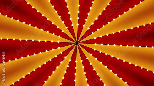 Circus animated rotation looped background of red and gold lines stripe with star constellations light bulbs tinsel. Retro motion graphic sun beam ray. Vintage fun fair burst. Carnival abstract circle