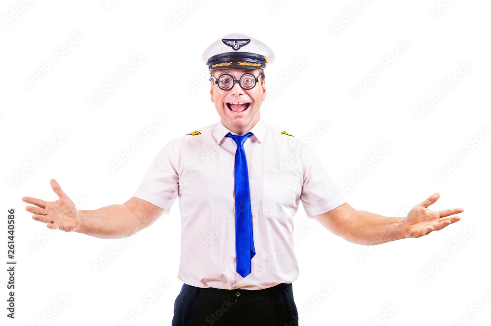 Funny cheerful pilot with glasses,  isolated on white background. Crazy captain of air plane with white shirt uniform.