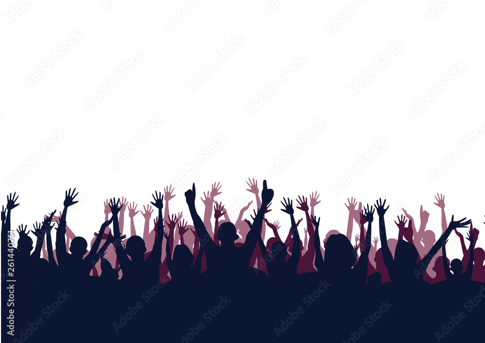 Cheerful crowd cheering. Hands up on white background. Silhouette Stock