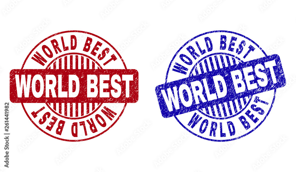 Grunge WORLD BEST round stamp seals isolated on a white background. Round seals with grunge texture in red and blue colors. Vector rubber imitation of WORLD BEST label inside circle form with stripes. Grunge WORLD BEST round stamp seals isolated on a white background. Round seals with grunge texture in red and blue colors. Vector rubber imitation of WORLD BEST label inside circle form with stripes.