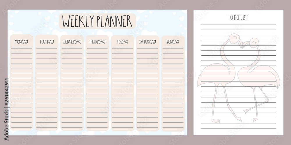 Weekly planner with hearts and to do list with cute flamingo couple,