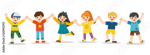 Children's activities. Happy kids jumping together on the background. Boys and girls are playing together happily. Vector illustration.