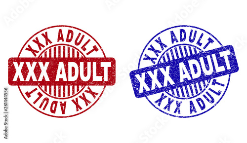 Grunge XXX ADULT round stamp seals isolated on a white background. Round seals with grunge texture in red and blue colors. Vector rubber watermark of XXX ADULT text inside circle form with stripes.