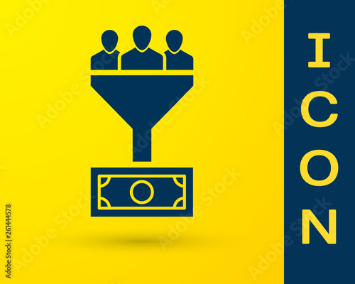 Blue Lead management icon isolated on yellow background. Funnel with people, money. Target client business concept. Vector Illustration